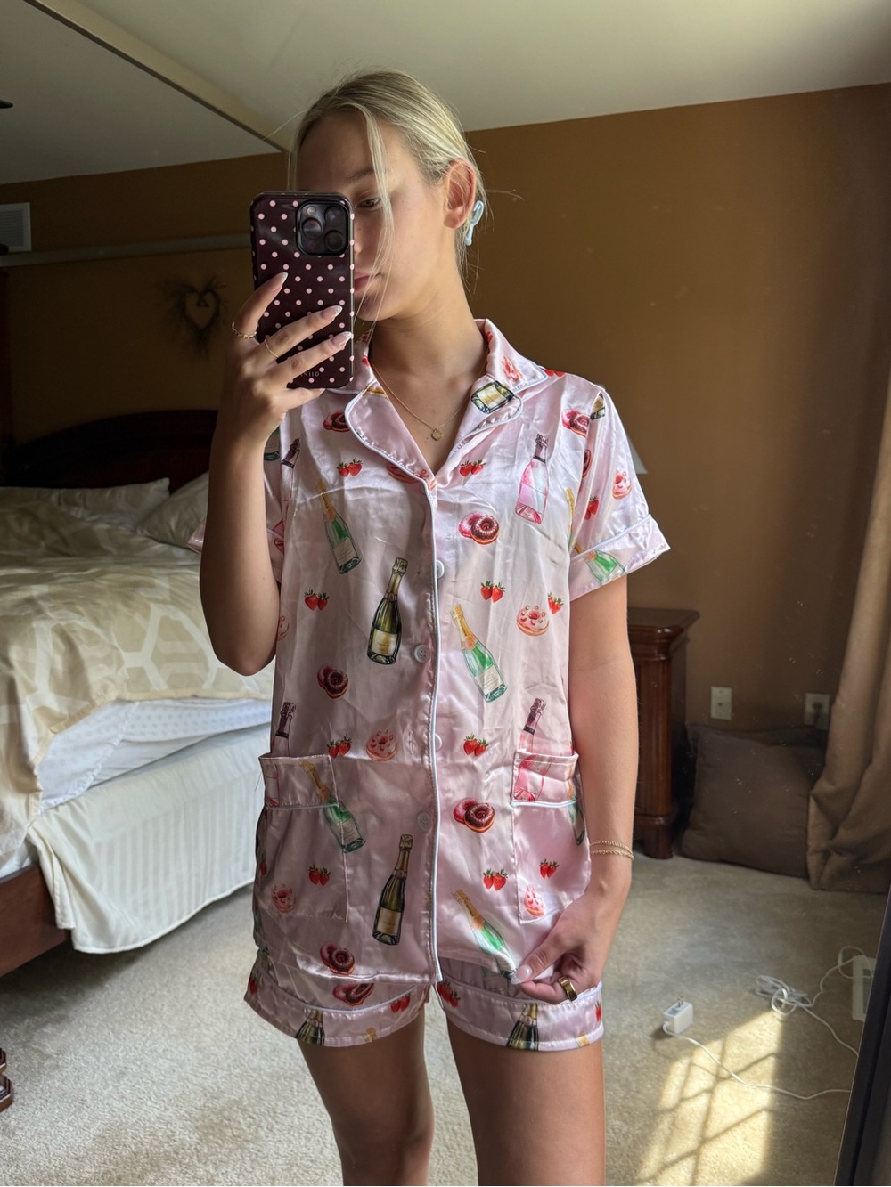 Women's Pink Satin Short Pajama Set with Champagne Print